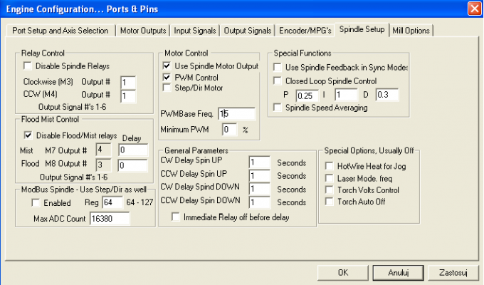 Okno konfiguracji pinów do portu LPT w programie Mach3