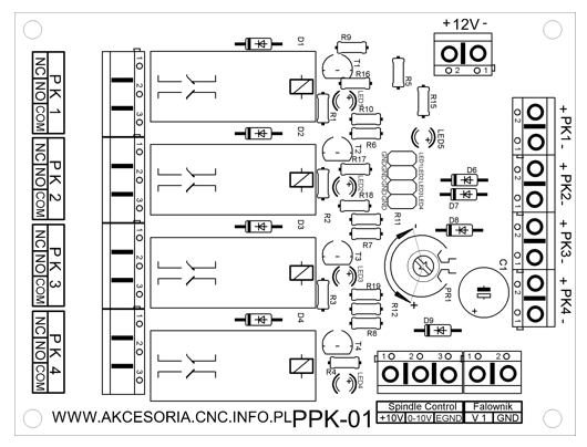 Schemat przedstawiający wykaz elementów płytki przekaźnikowej PPK-01 