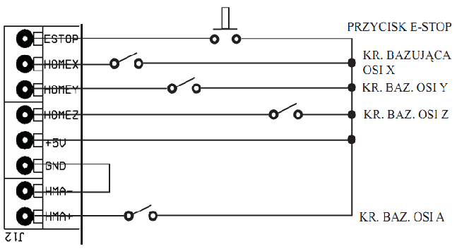 Schemat podłączenia krańcówek bazujących do płyty SSK-MB2