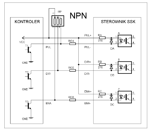 Wspólna anoda - Schemat podłączenia sygnałów sterujących