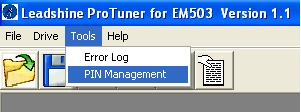 Menu "Tools" zakładka pozwalająca na zabezpieczenie programu ProTuner kodem PIN