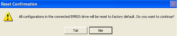 Okno potwierdzające przywrócenie ustawień fabrycznych programu ProTuner