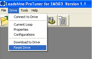 Menu "Drive" zakładka "reset drive".