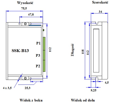 Rysunek z wymiarami sterownika silników krokowych SSK-B13