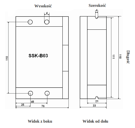 Rysunek z wymiarami sterownika silników krokowych SSK-B03- 4,2A