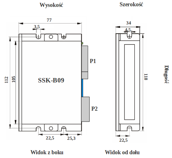 Rysunek z wymiarami sterownika silników krokowych SSK-B09