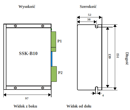 Rysunek z wymiarami sterownika silników krokowych SSK-B10