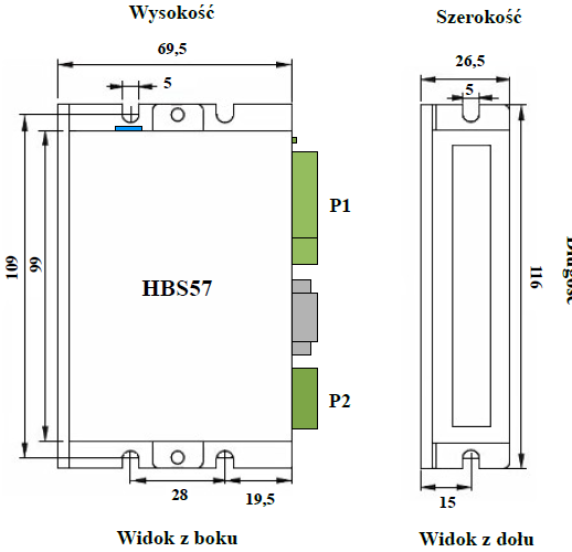 Rysunek z wymiarami serwosterownika easy servo ES-D508 HBS57 Leadshine