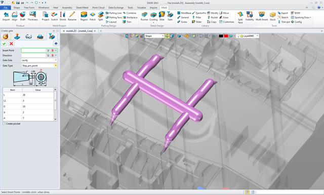 Schemat kanałów chłodzących i punktów wtrysku w programie ZW3D Premium