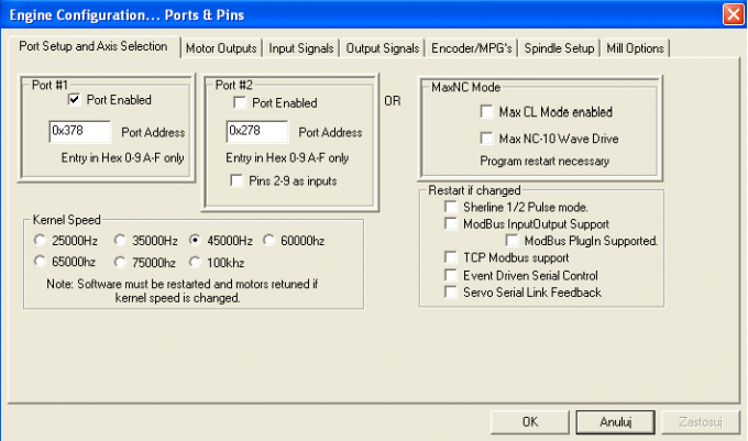 Konfiguracja pinów w programie Mach3