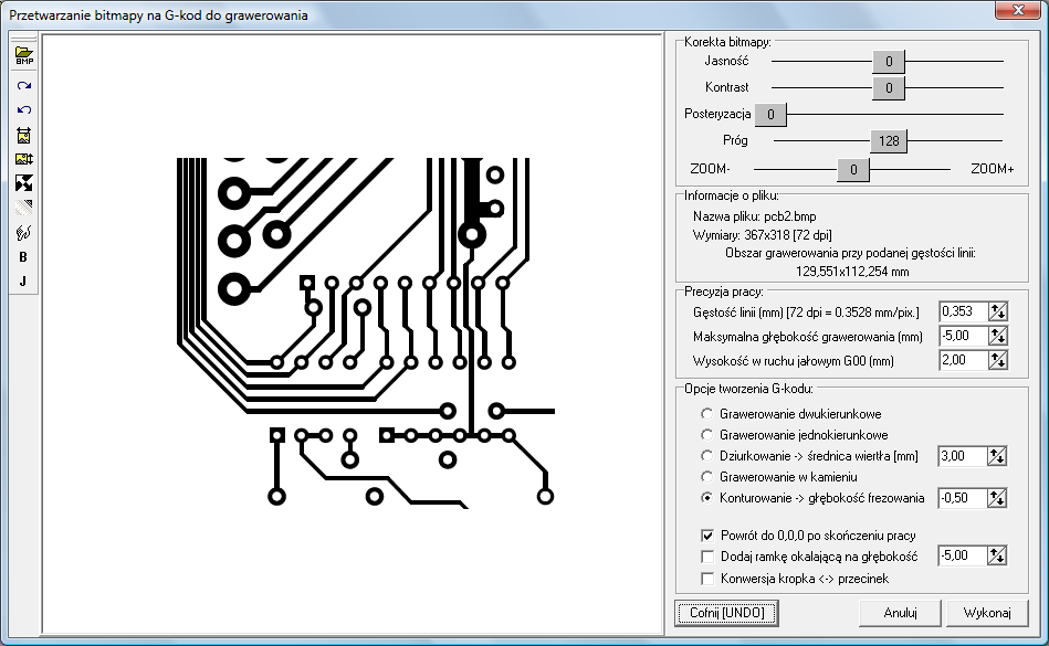 Opcja konturowania map bitowych w programie Step 2 CNC