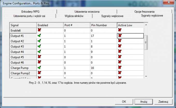 Konfiguracja dla przycisku E-STOP w trybie NC w programie Mach3