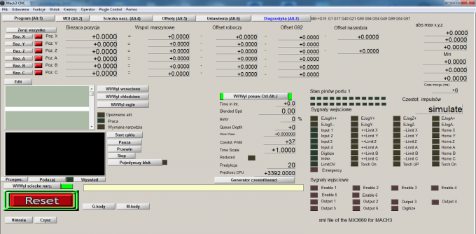 Ekran głównego interfejsu programu Mach3 dla sterownika USN 3D6A CNC 