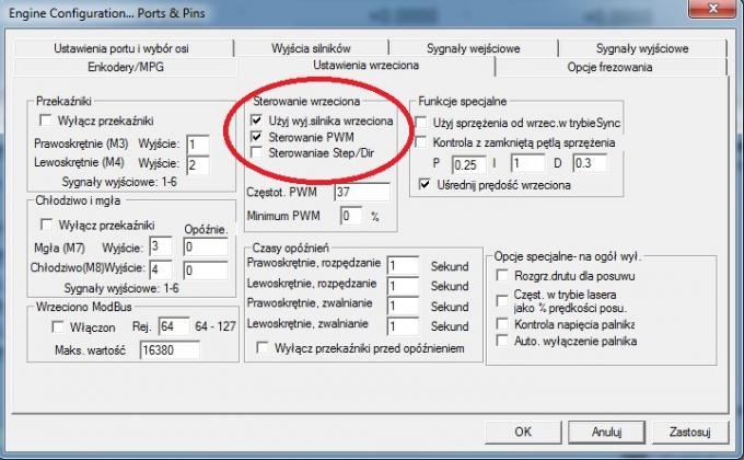 Okno Porty i piny, sterowanie wrzeciona za pomocą programu Mach3