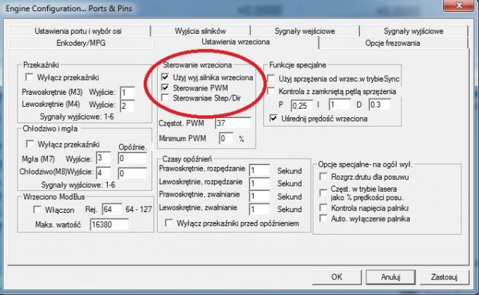 Okno Porty i piny, sterowanie wrzeciona za pomocą programu Mach3