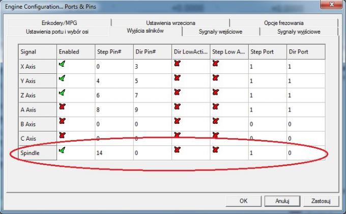 Okno Wyjścia Silników w którym ustawiamy piny i porty do sterowania przetwornikiem w programie Mach3