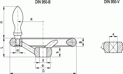 Koła ręczne wieloramienne z rękojeścią na obrzeżu DIN 950-D - rysunek techniczny