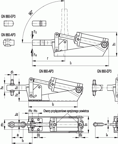 Dociskacze pneumatyczne GN 860 - rysunek techniczny