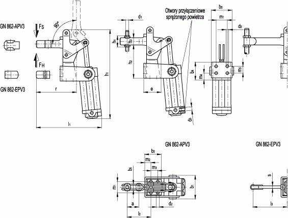 Dociskacze pneumatyczne GN 862 - rysunek techniczny