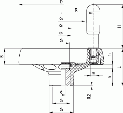 Koła ręczne pełne z rękojeścią na obrzeżu VDT+I - rysunek techniczny