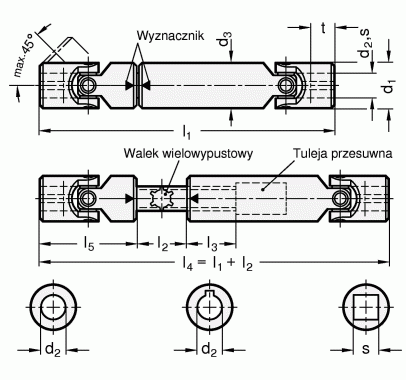 Wały przegubowe z łożyskiem ślizgowym GN 808.2 - rysunek techniczny