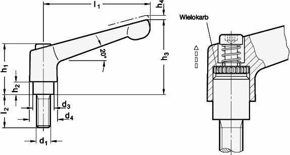 Dźwignie nastawne z gwintem GN 300 - rysunek techniczny