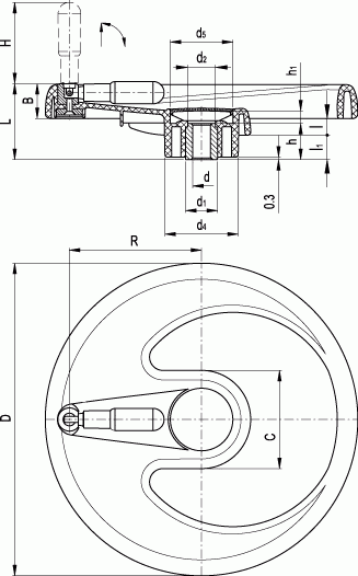 Koła ręczne jednoramienne z rękojeścią składaną EMW+IR - rysunek techniczny