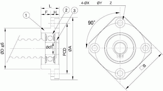 Blok łożyskujący FF 10 Pod. - rysunek techniczny