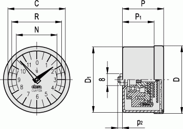 Analogowe wskaźniki obrotów z napędem grawitacyjnym GA01 GA02 GA05 - rysunek techniczny