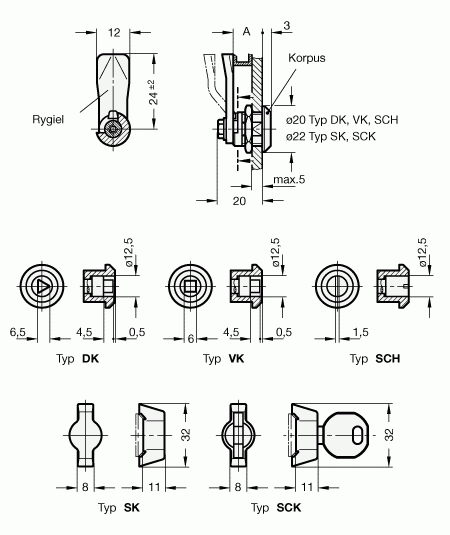 Zamki (mini) GN 115.1 - rysunek techniczny