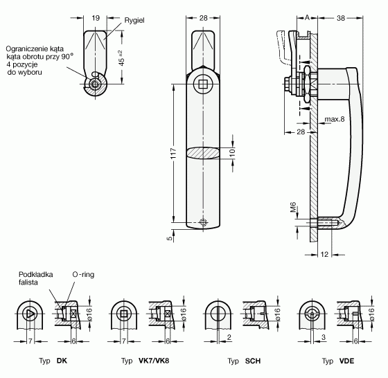 Uchwyt z zamkiem GN 115.7 - rysunek techniczny