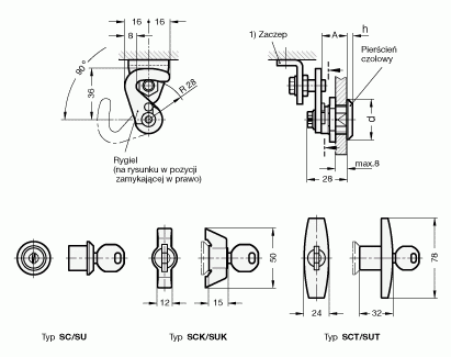 Zamki z ryglem hakowym GN 115.8 - rysunek techniczny