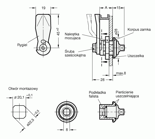 Zamki higieniczne GN 115-VH - rysunek techniczny