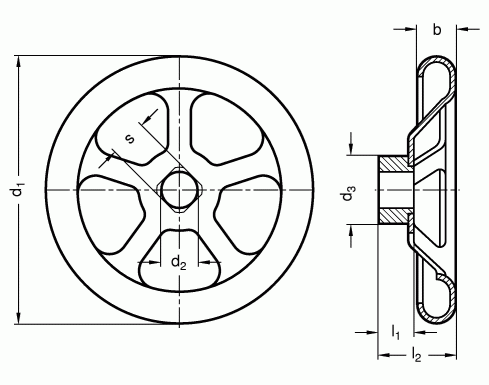 Koła ręczne wieloramienne tłoczone GN 227.2-A - rysunek techniczny