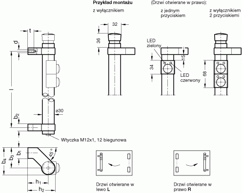 Uchwyty rurowe z przełącznikiem GN 332 - rysunek techniczny