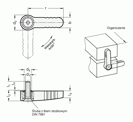 Dźwignie blokujące GN 720 - rysunek techniczny