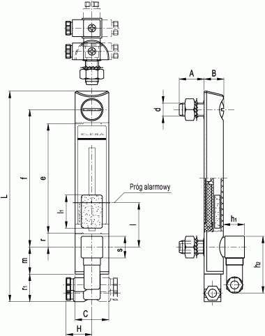 Kolumnowe wskaźniki poziomu z czujnikiem poziomu Min. i temperatury Max. HCX-E-ST - rysunek techniczny