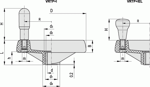 Koła ręczne dwuramienne z rękojeścią na obrzeżu VRTP+I - rysunek techniczny
