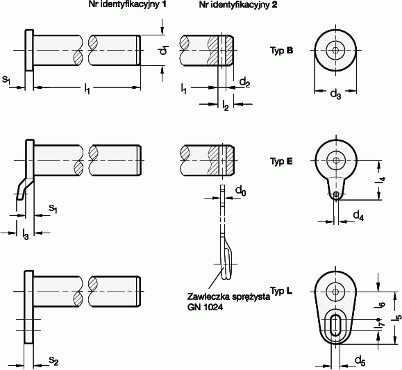 Sworznie ze stali nierdzewnej GN 2342 - rysunek techniczny