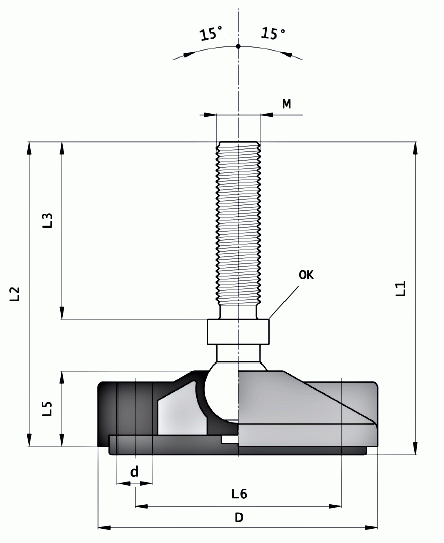 Stopy wahliwe fi 100 mm z kotwieniem - rysunek techniczny