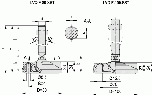 Stopy wahliwe nierdzewne LVQ.F - rysunek techniczny