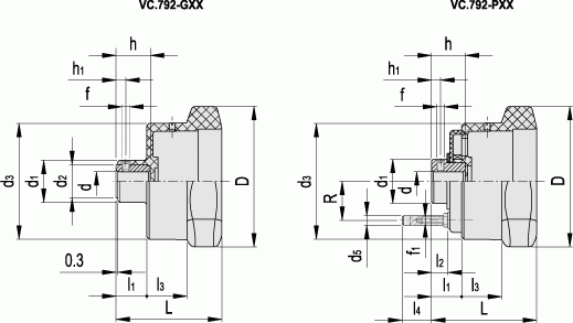 Pokrętła z występami do wskaźników położenia VC.792-XX - rysunek techniczny