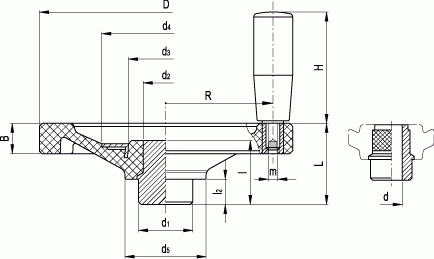 Koło ręczne pełne z rękojeścią na obrzeżu VD.175 FP+I-A-16 - rysunek techniczny