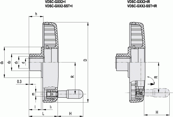 Koła ręczne pełne z rękojeścią na obrzeżu VDSC-XX - rysunek techniczny