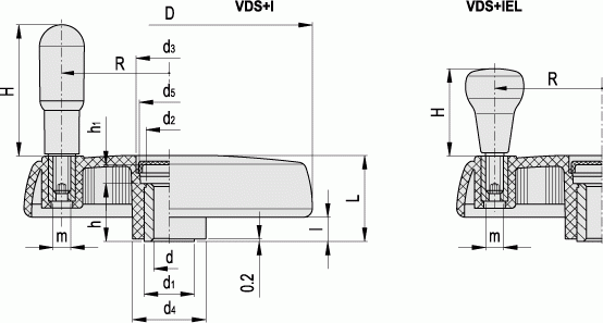 Koło ręczne pełne z rękojeścią obrotową na obrzeżu VDS.150+I A-16 - rysunek techniczny