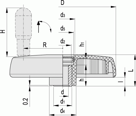 Koła ręczne pełne z rękojeścią obrotową składaną VDS+IR - rysunek techniczny