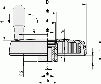 Koło ręczne pełne z rękojeścią obrotową składaną bezpieczną VDS.200+IRS-SST-20 - rysunek techniczny