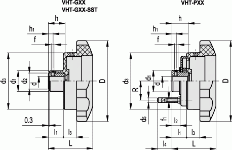 Pokrętła z występami VHT-XX - rysunek techniczny