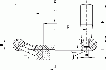 Koła ręczne trójramienne z rękojeścią na obrzeżu VRU+I - rysunek techniczny