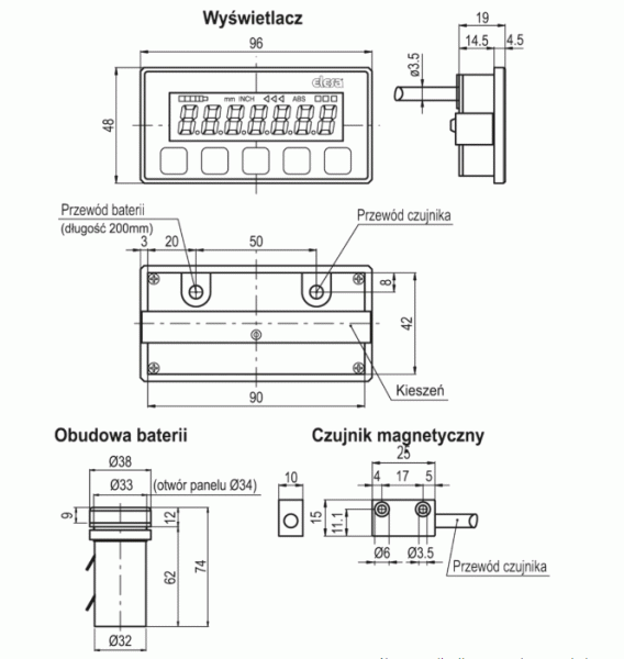 Wskaźnik położenia z czujnikiem magnetycznym MPI-15 - rysunek techniczny